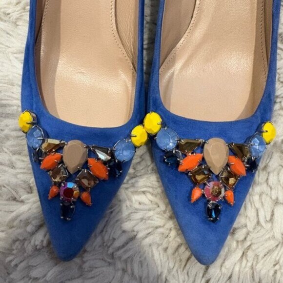 J Crew COLLECTION Dulci Suede Kitten Heels Women’s Size 8 Jeweled Blue Italy - Picture 14 of 16